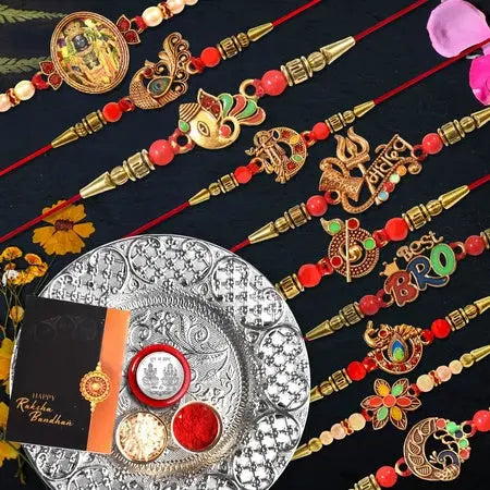 Rakhi For Brother Set Of 10 With Dish Silver Coin  Greeting Card Rakhi For Bhai Bhabhi  Kids With Gift For Brother Rakhi Set For Brother (K10_mc56_ds)