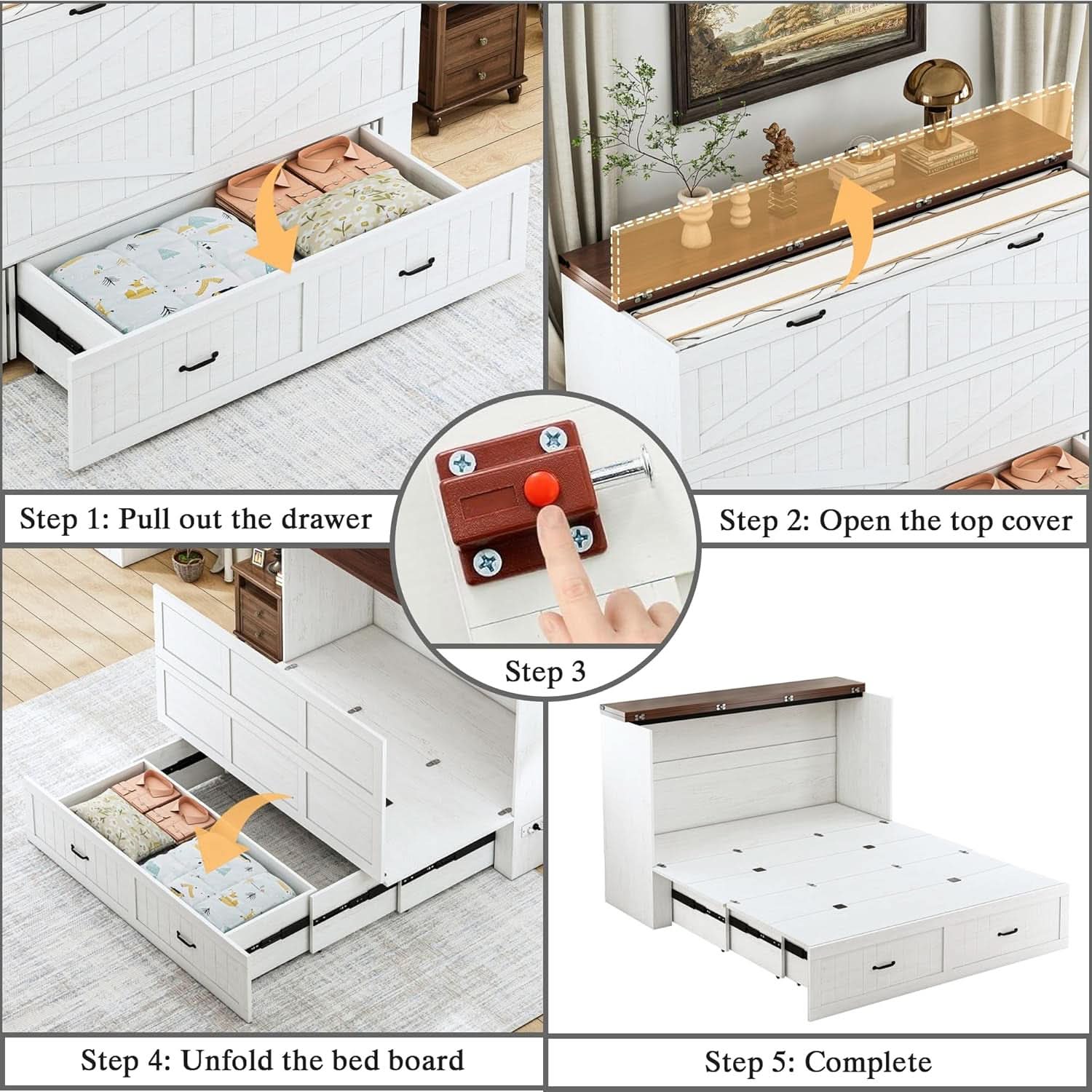 Queen Murphy Bed Frame Integrated Charging Station White-2