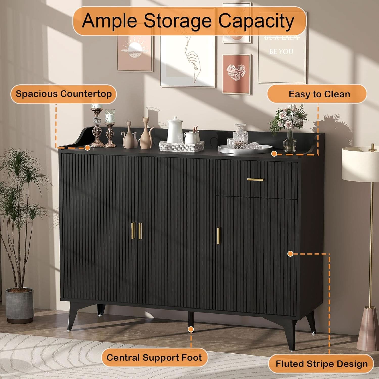 Black 47In Sideboard Cabinet For Dining Room Storage-4