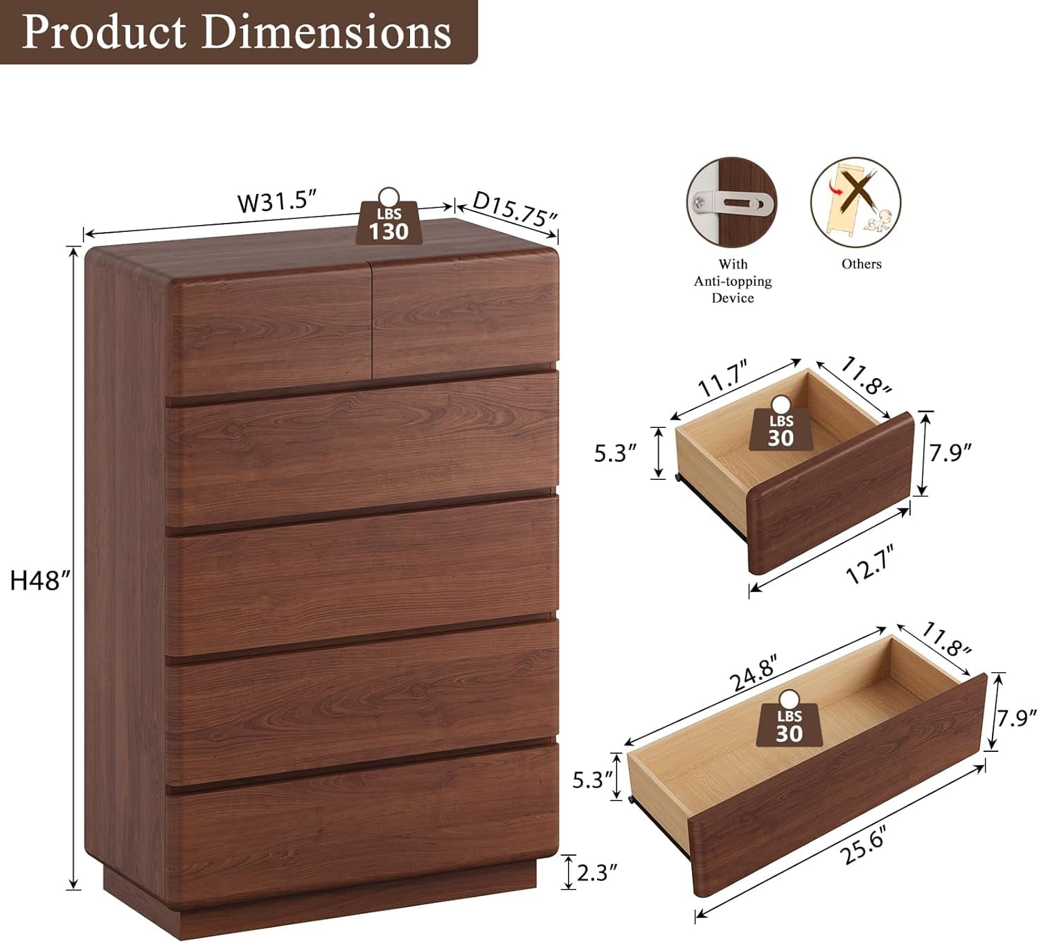 Walnut Six Drawer Dresser With Contemporary Profile-1