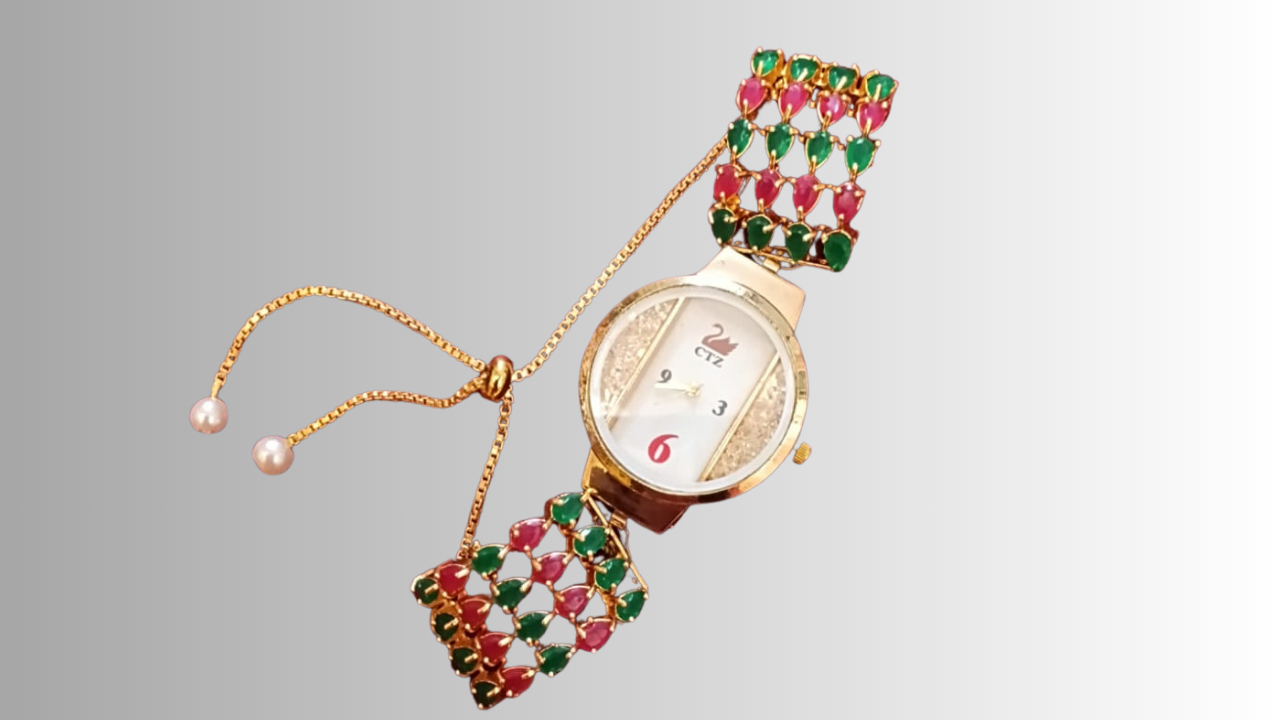 Multicolour Gemstone Round Dial Bracelet Watch with Pearl Drop Chain