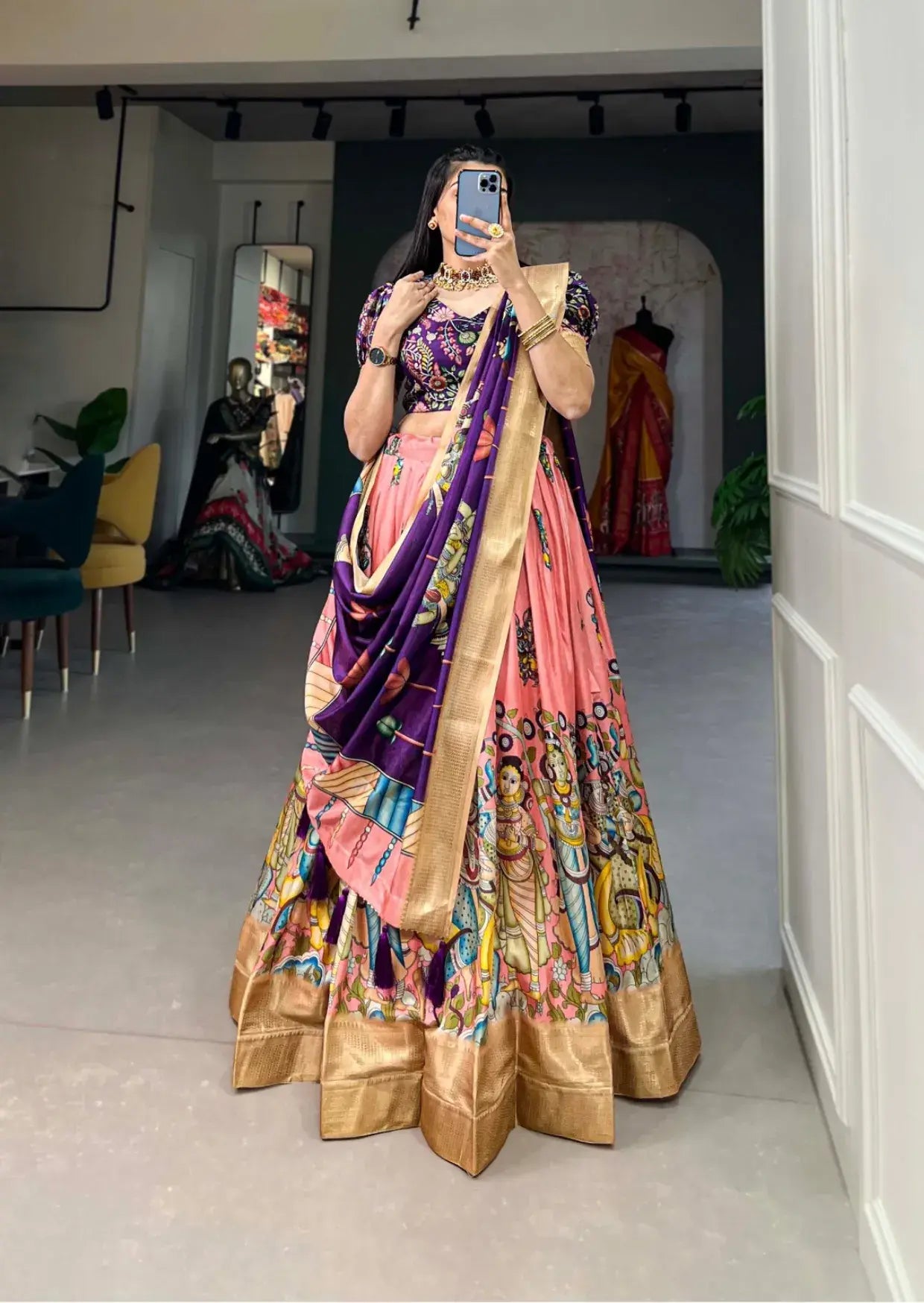 Pink Kalamkari Dola Silk Lehenga Set with Zari Border Yooneck