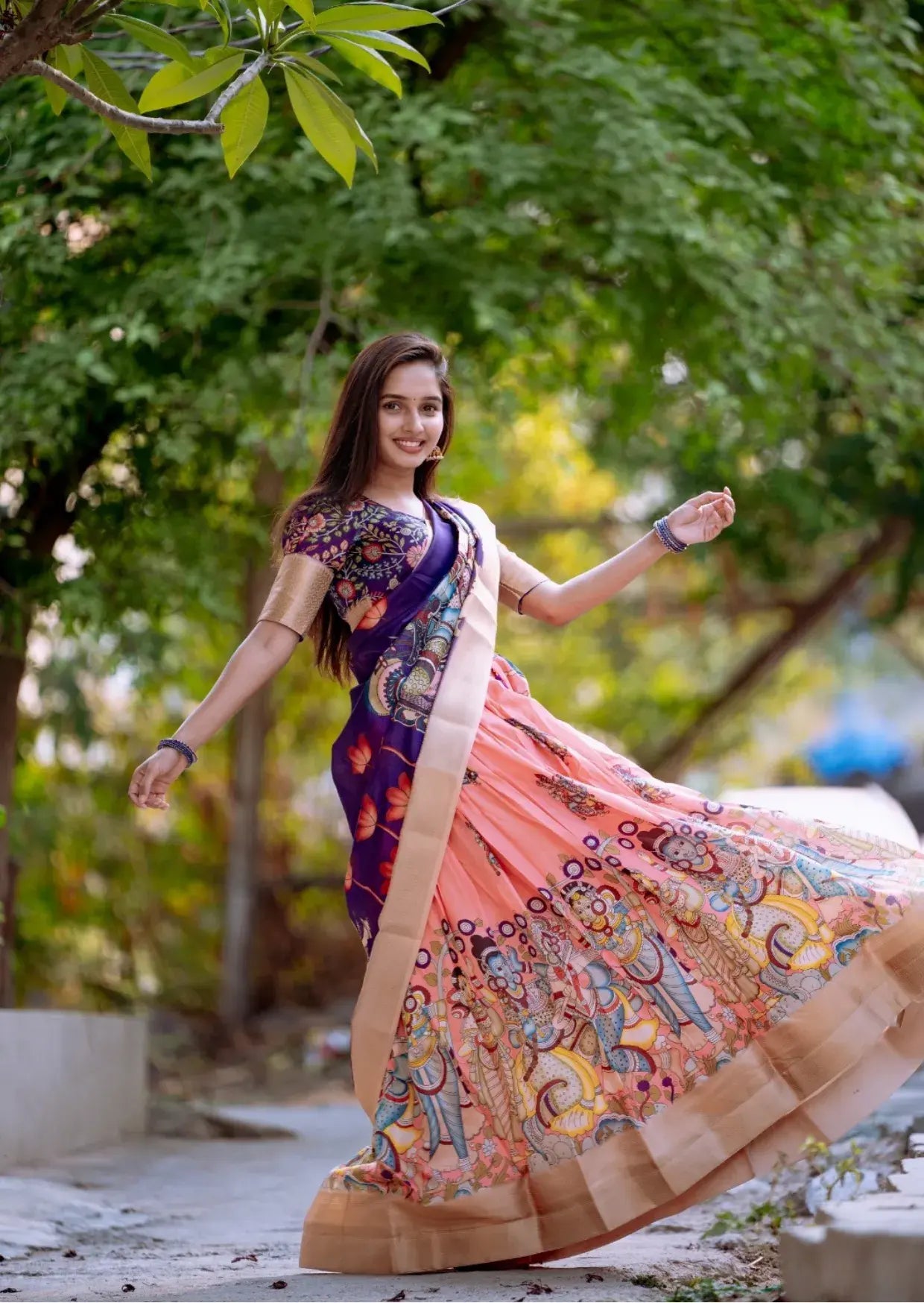 Pink Kalamkari Dola Silk Lehenga Set with Zari Border Yooneck