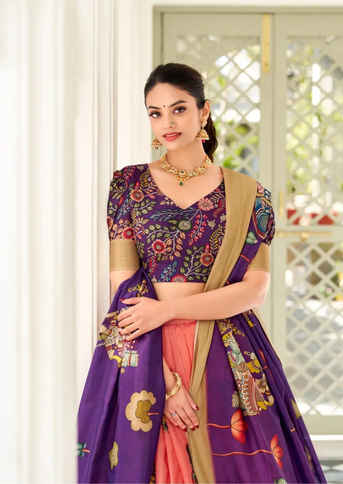Pink Kalamkari Dola Silk Lehenga Set with Zari Border Yooneck