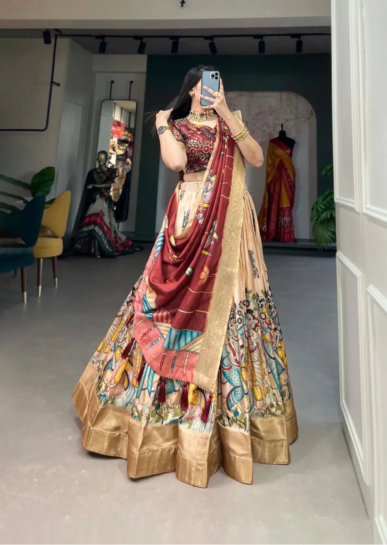 Beige Kalamkari Dola Silk Lehenga Set with Zari Weaving Yooneck