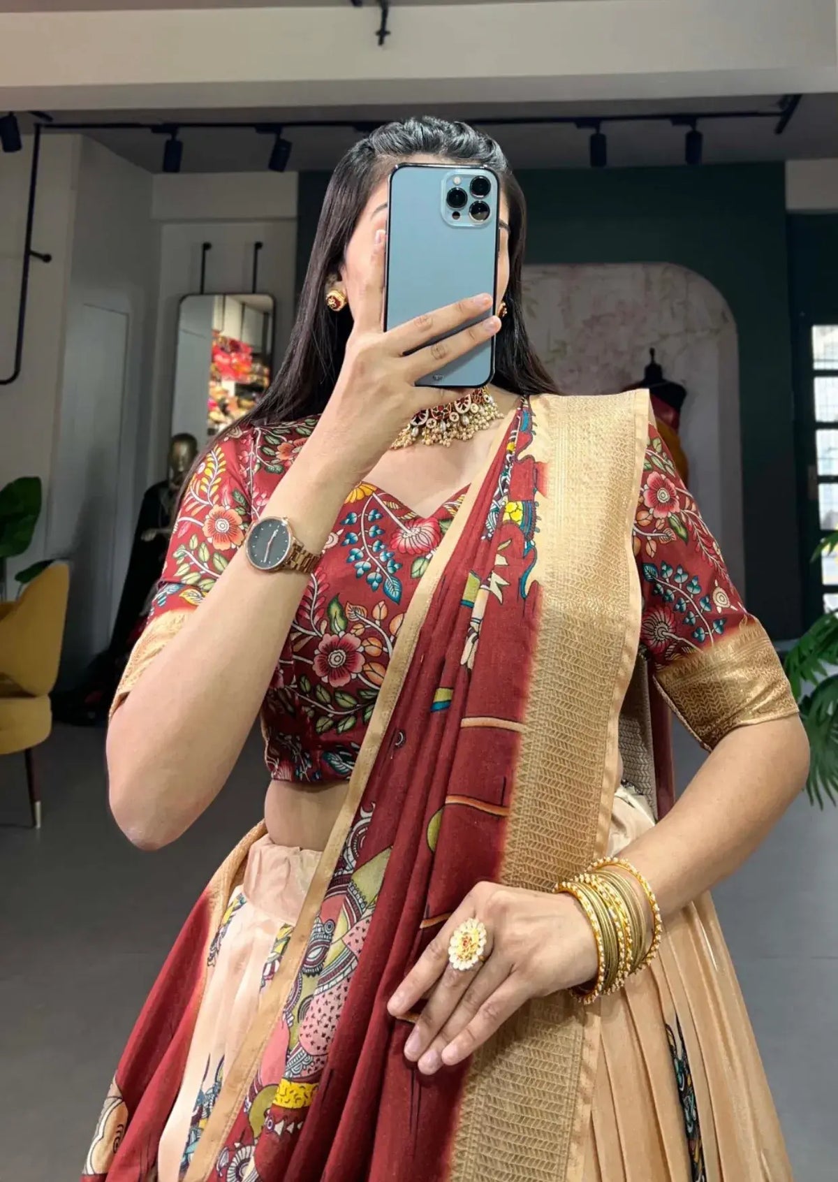 Beige Kalamkari Dola Silk Lehenga Set with Zari Weaving Yooneck