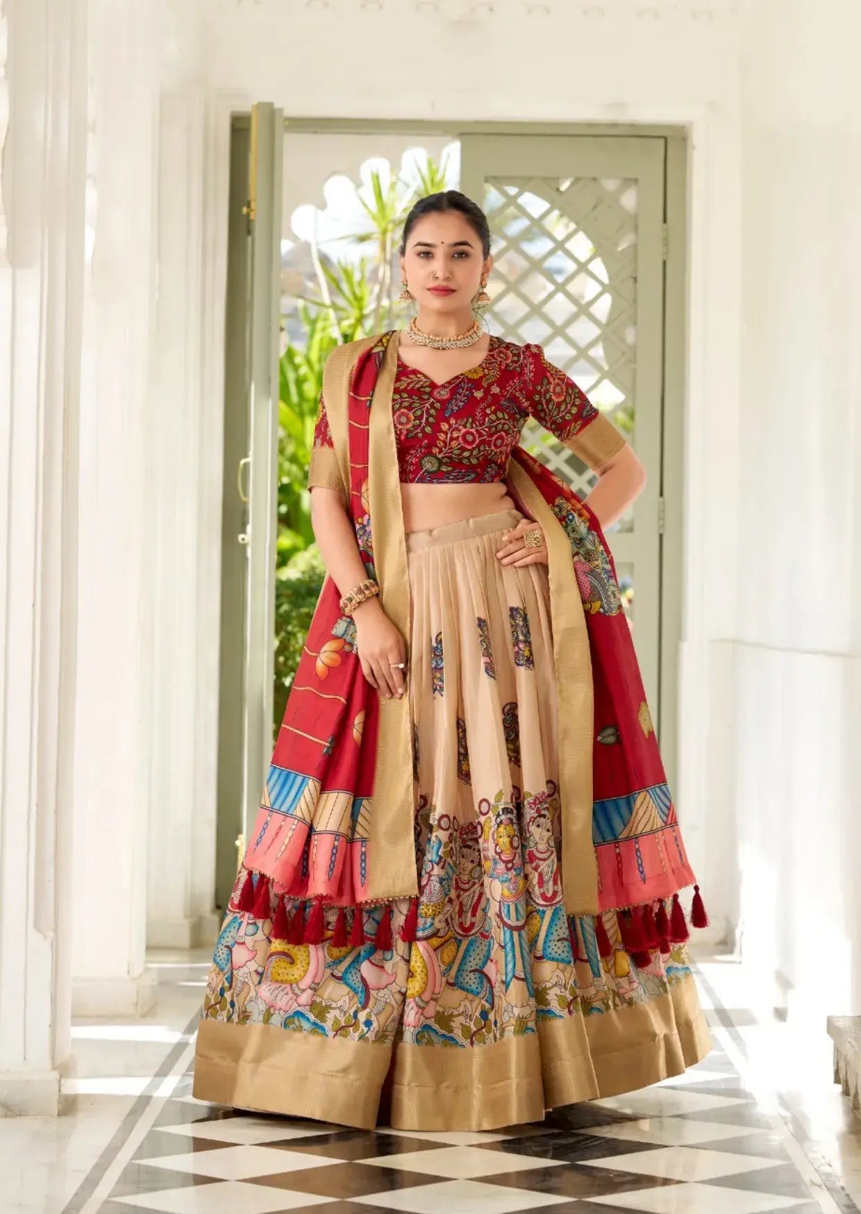 Beige Kalamkari Dola Silk Lehenga Set with Zari Weaving Yooneck