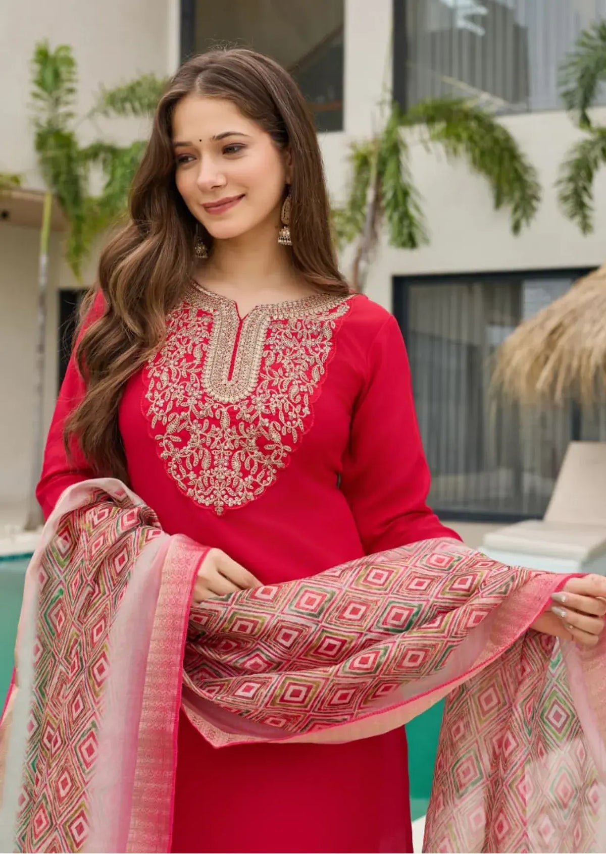 Ruby Elegance Heavy Rayon Embroidered Suit Set Yooneck