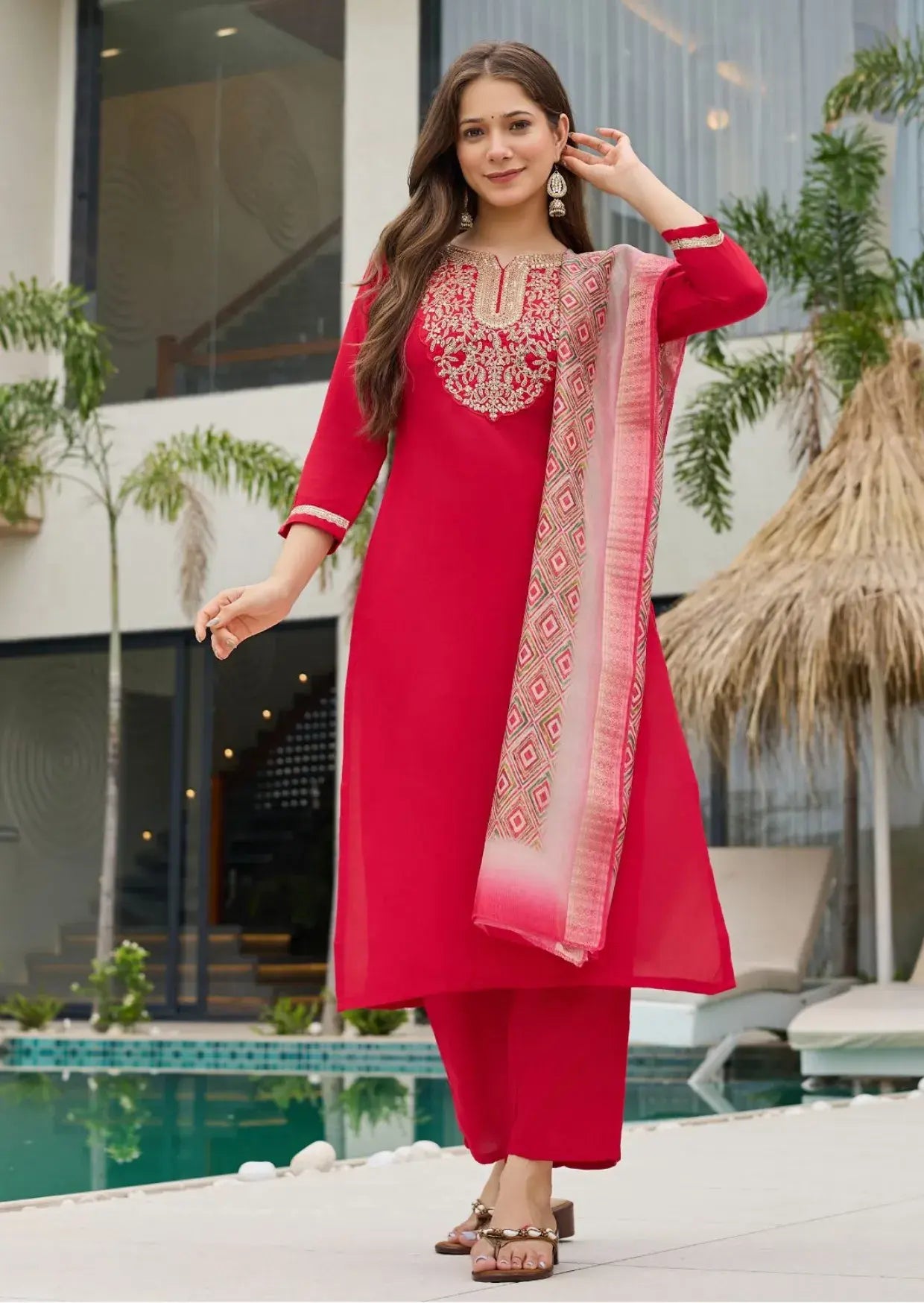 Ruby Elegance Heavy Rayon Embroidered Suit Set Yooneck