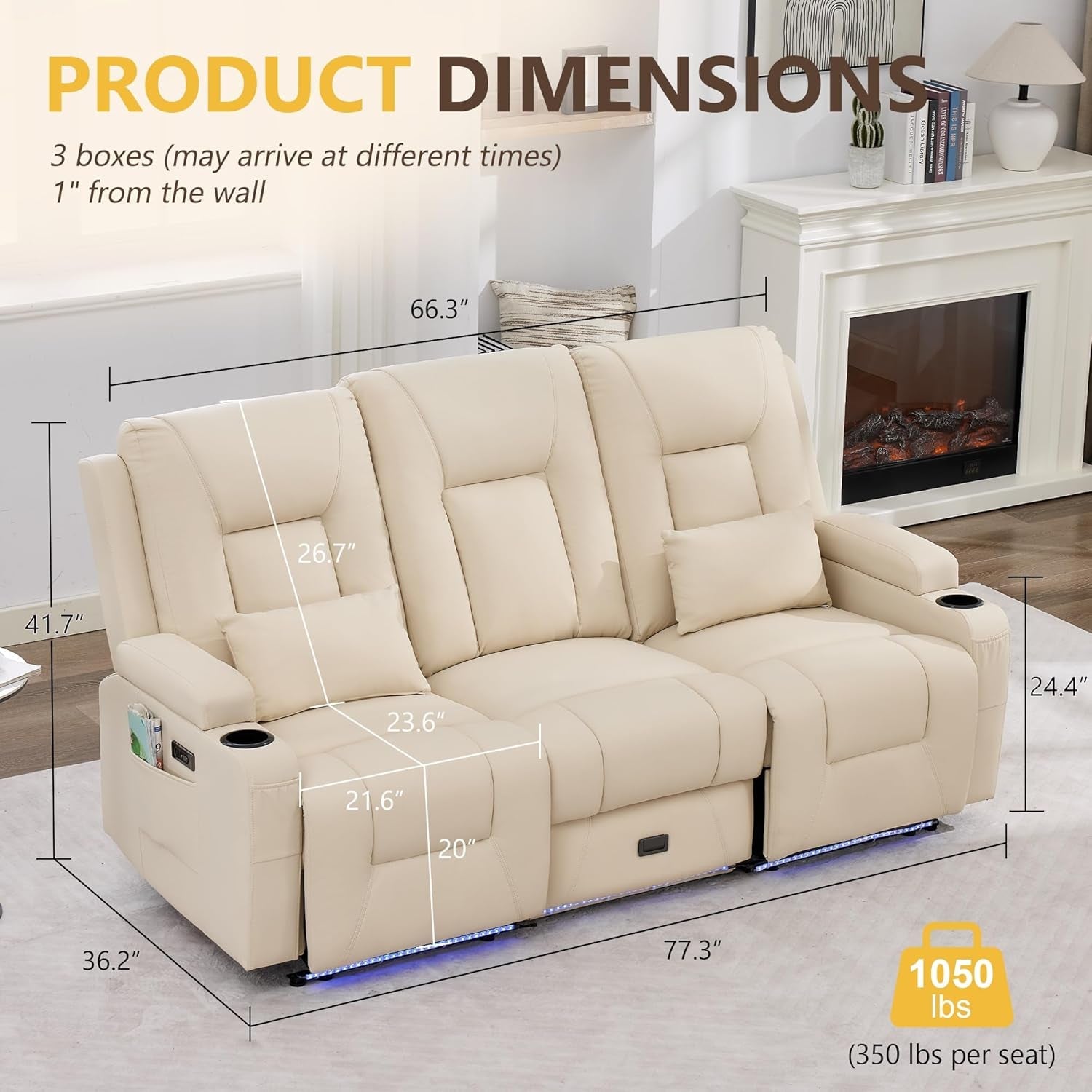 Power Loveseat Recliner Sofa Beige Ambient Lighting-1