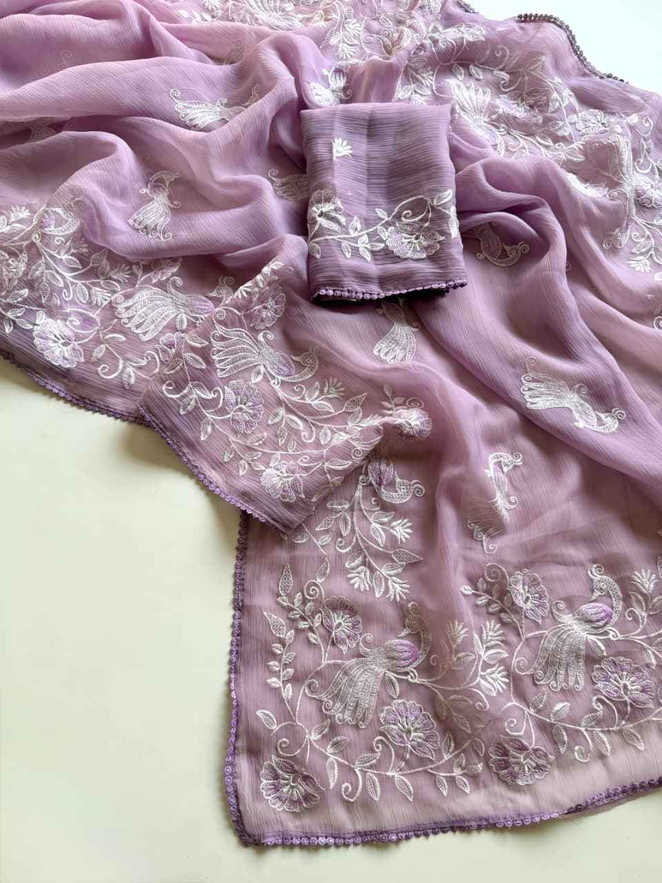 Lavender Noor Bird Embroidered Chiffon Saree Ganpati