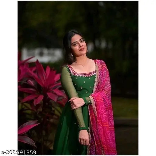 Women'S Solid Georgette Gown Kurta With Dupatta, Long Kurti Ethnic Dress Set For All Occasions 19198