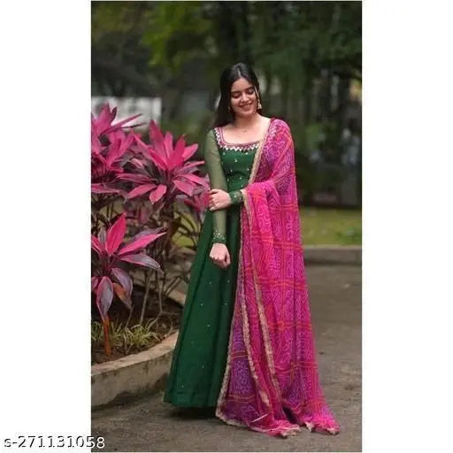 Women'S Solid Georgette Gown Kurta With Dupatta, Long Kurti Ethnic Dress Set For All Occasions 19198