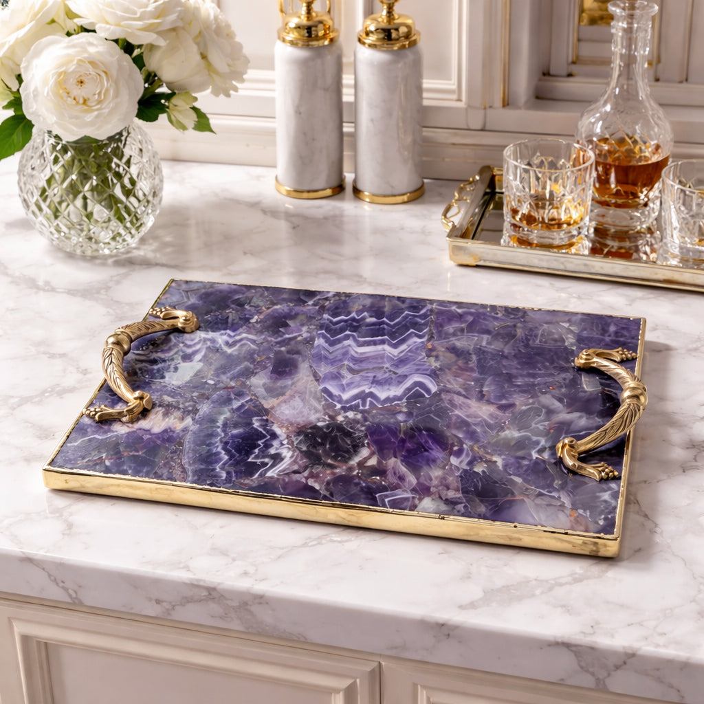 Amethyst Agate Serving Tray With Brass Handles