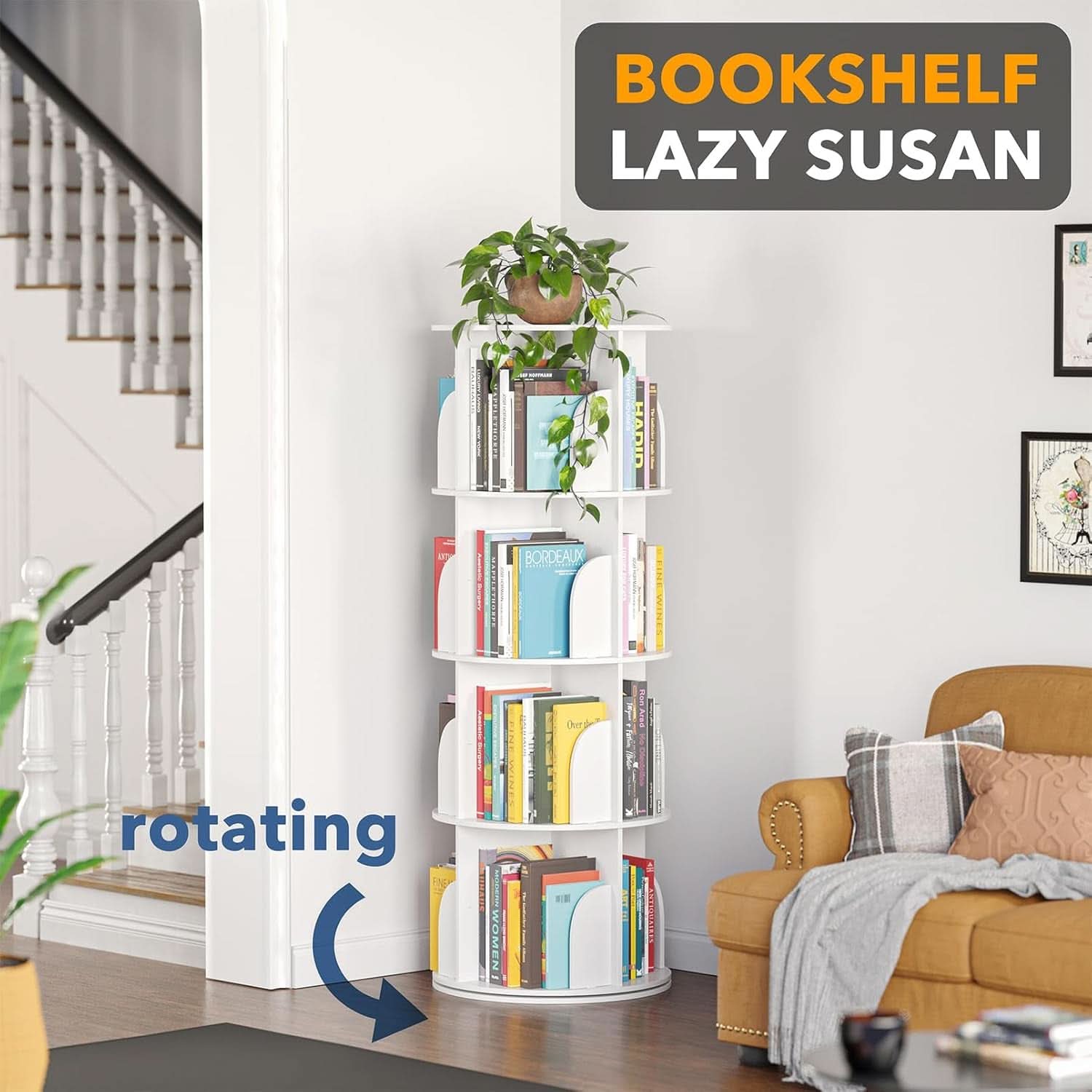 4 Tier Rotating Bookshelf Tower White Spinning Bookcase-3