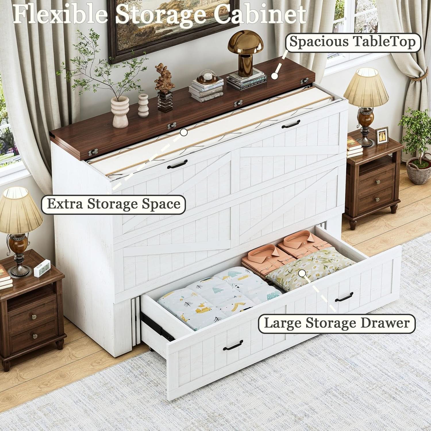 Queen Murphy Bed Frame Integrated Charging Station White-3