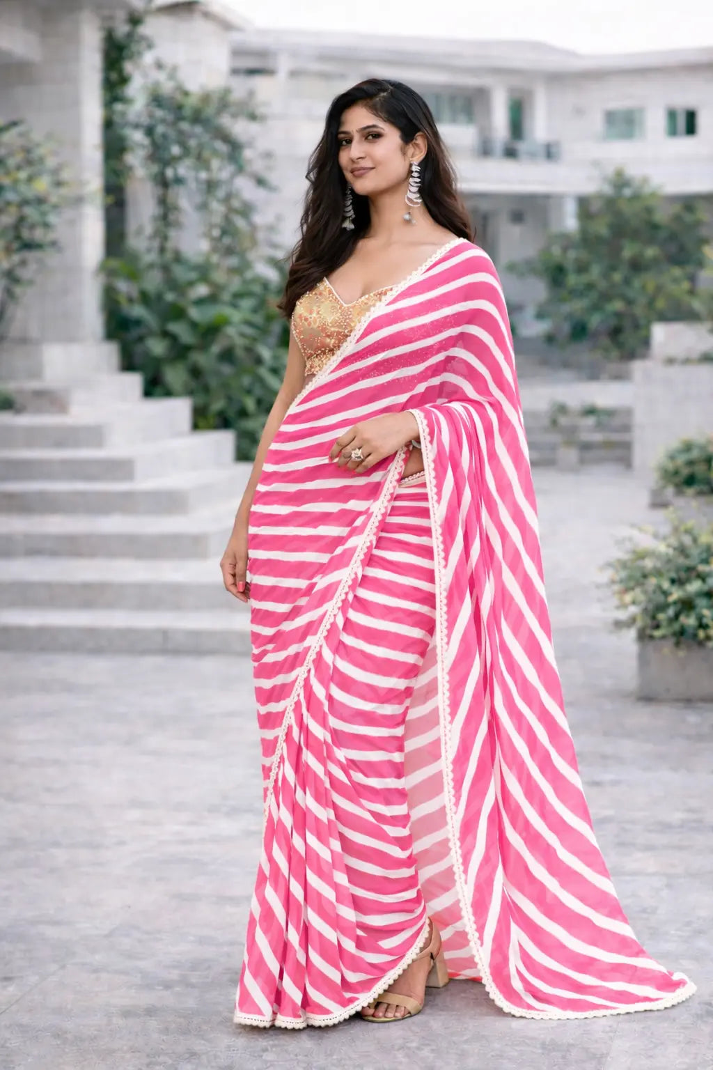 Blush Radiance Leheriya Georgette Saree Yooneck