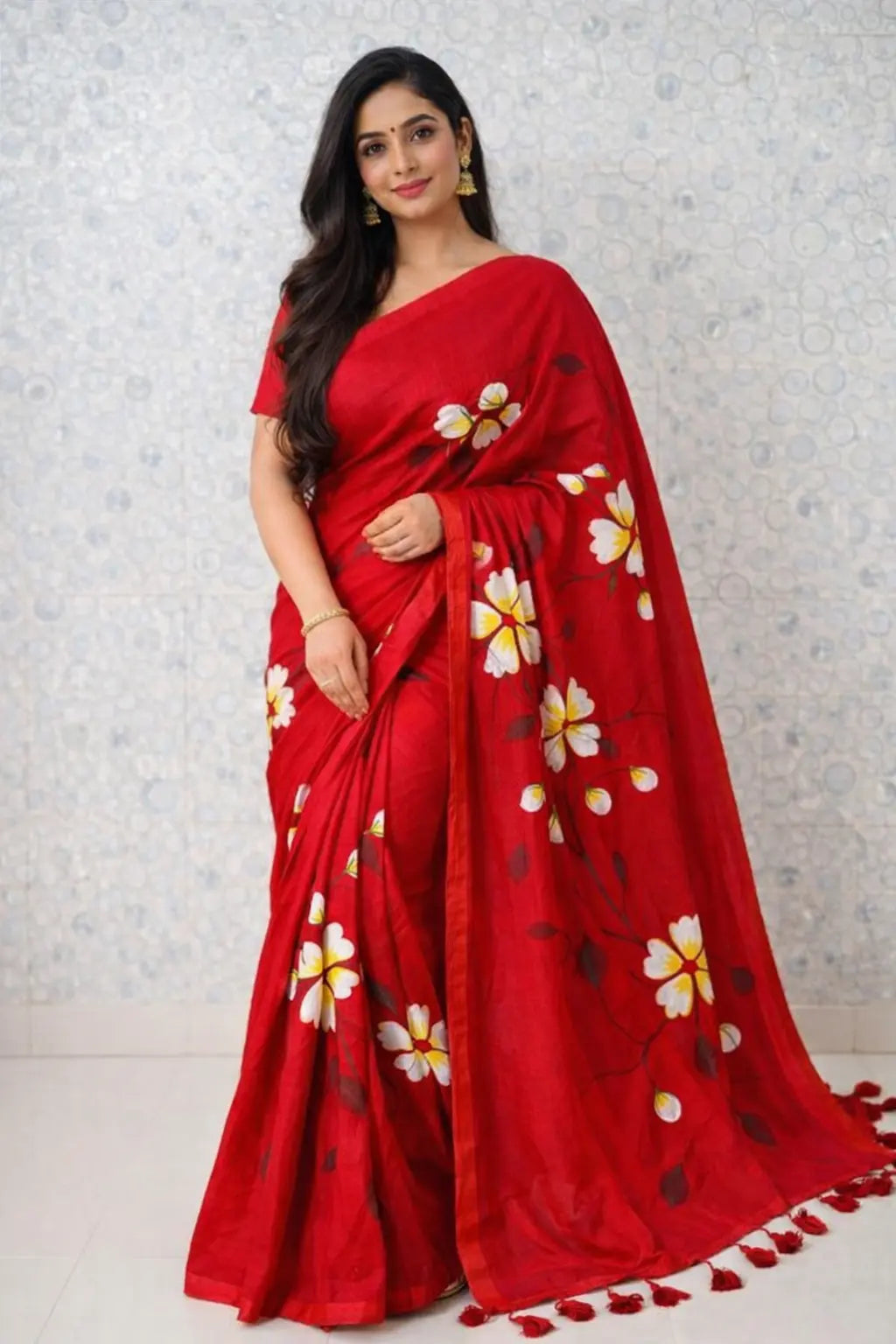 Scarlet Blossom Premium Mull Cotton Handprint Saree Khan