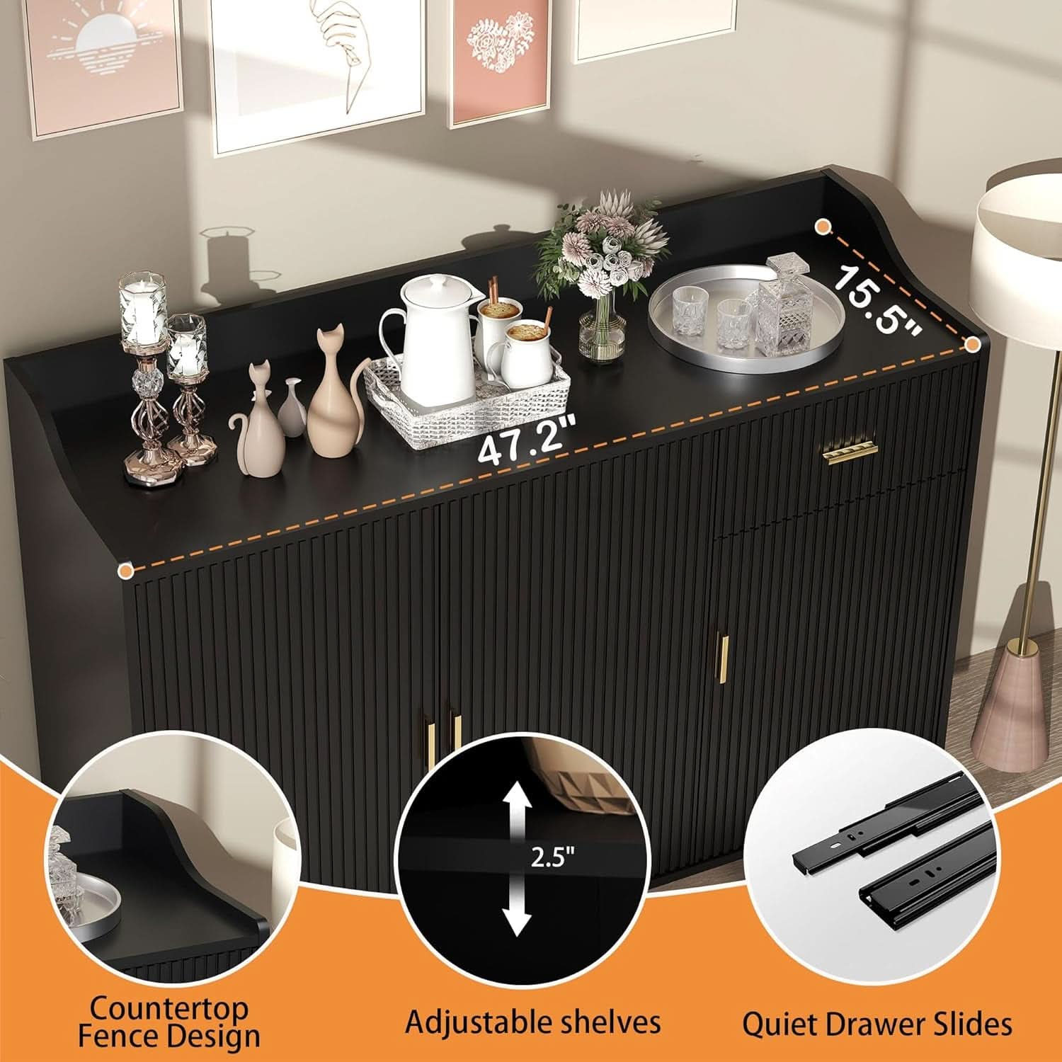 Black 47In Sideboard Cabinet For Dining Room Storage-3