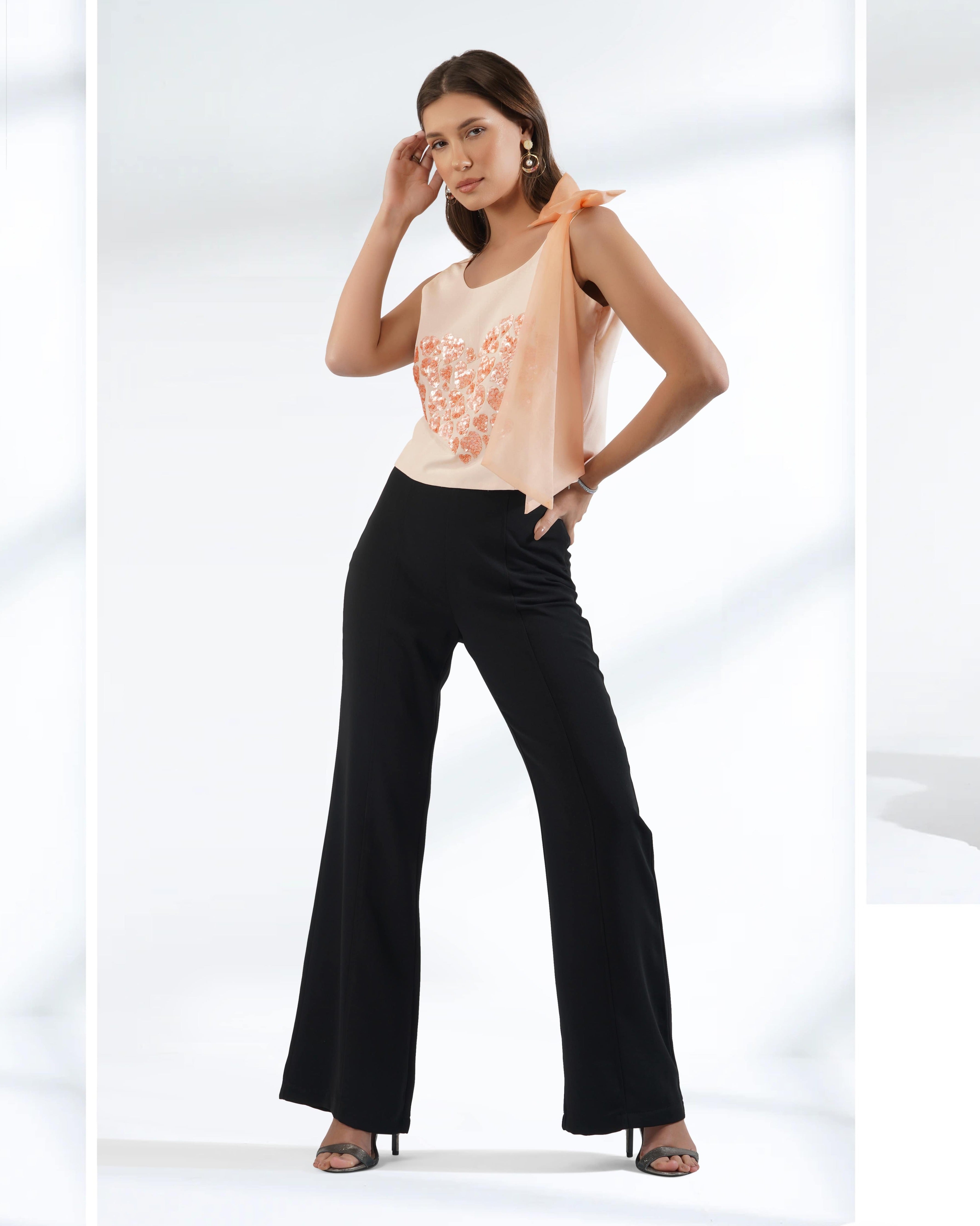 Peach Heart Embroidered Crop Top with Organza Bow-4