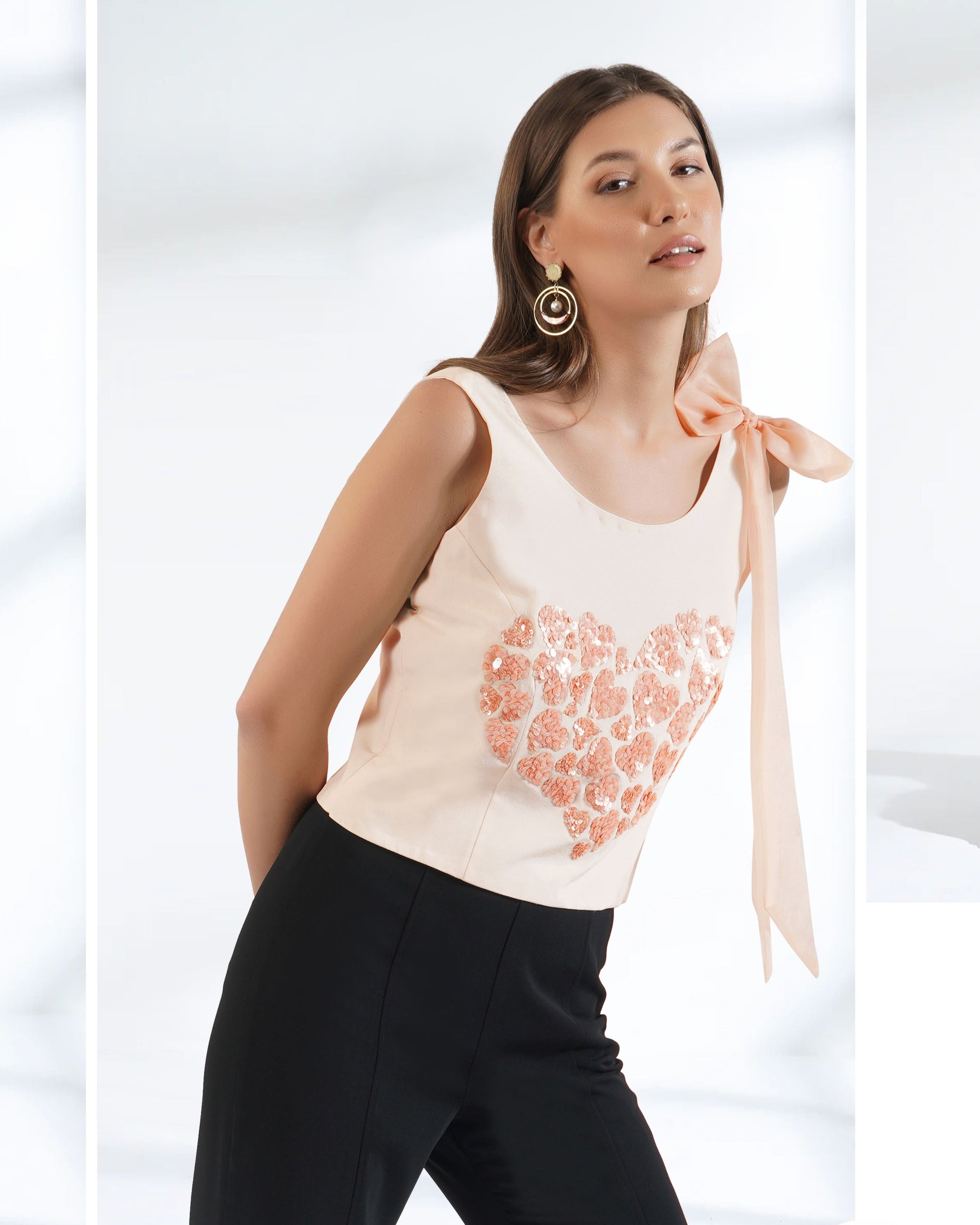 Peach Heart Embroidered Crop Top with Organza Bow-2