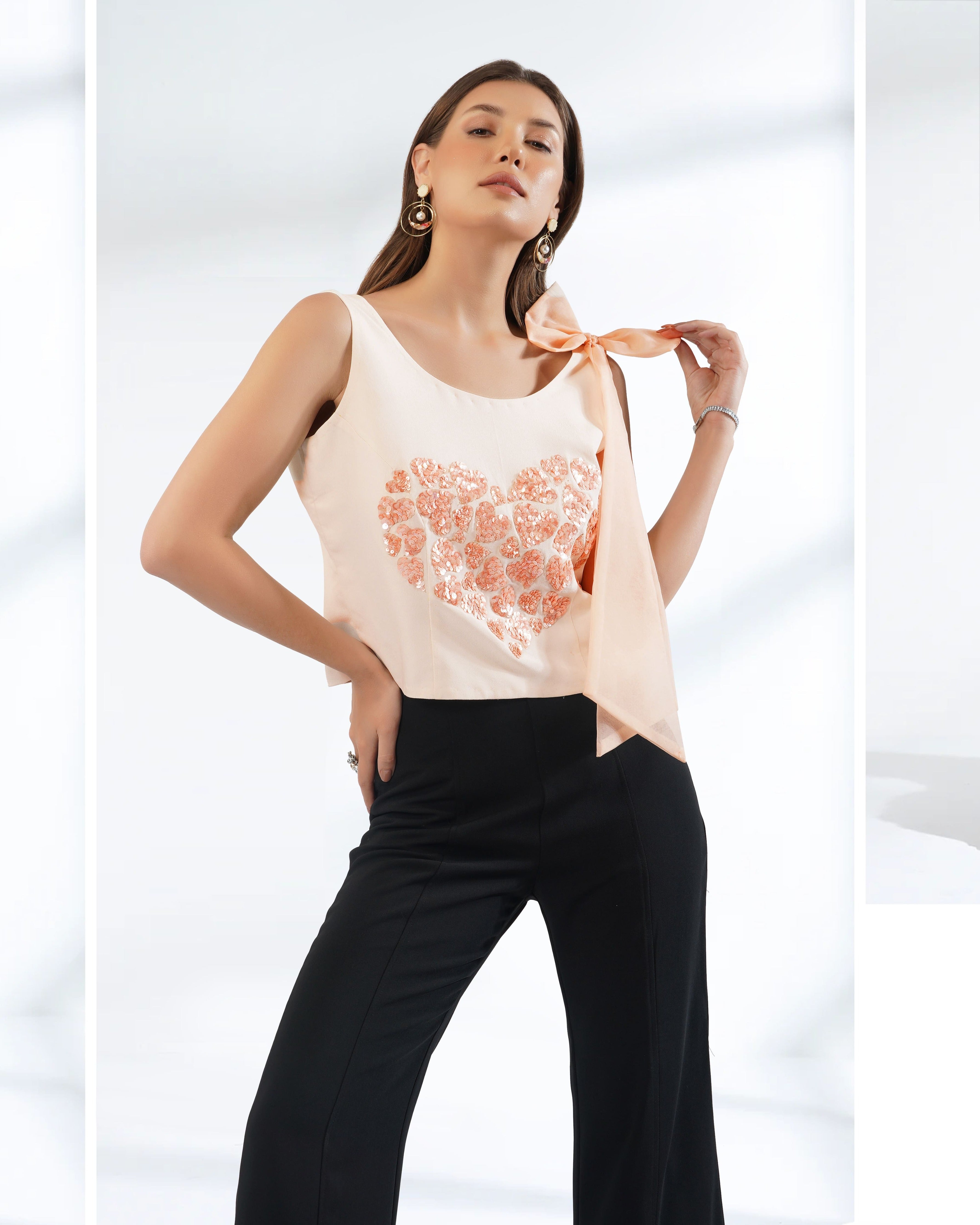 Peach Heart Embroidered Crop Top with Organza Bow-1