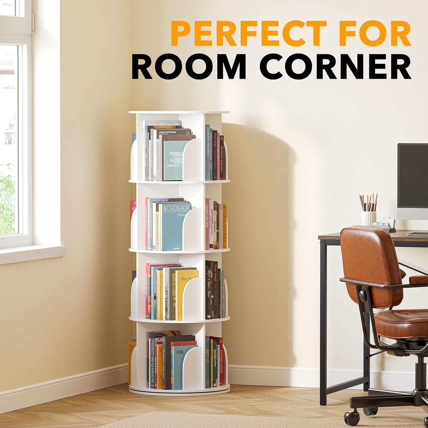 4 Tier Rotating Bookshelf Tower White Spinning Bookcase-4