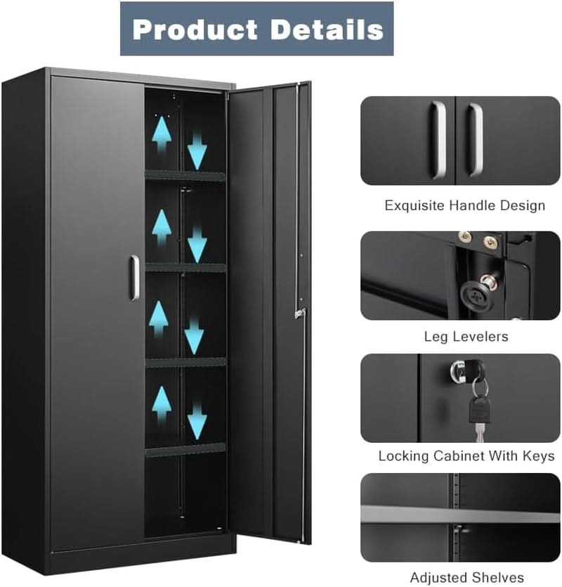 Black Metal Storage Cabinet With Locking Adjustable Shelves-4