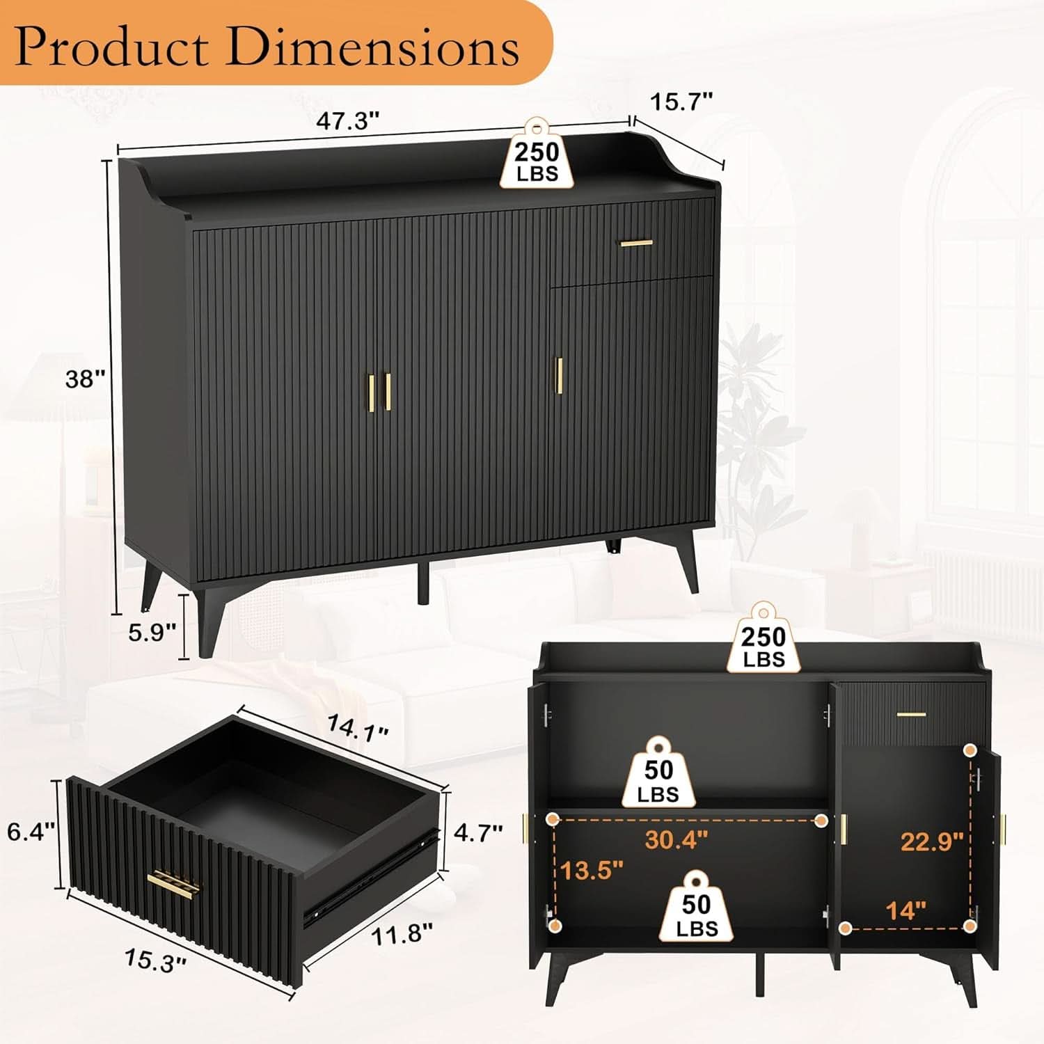 Black 47In Sideboard Cabinet For Dining Room Storage-1