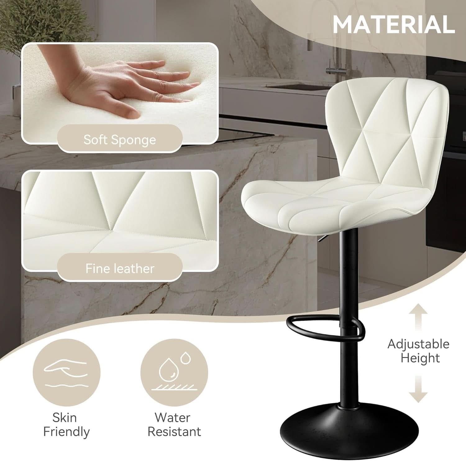 Adjustable Swivel Bar Stools Set Of 2 White Faux Leather-2