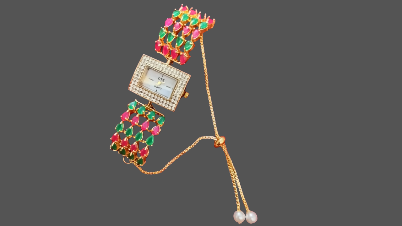 Multicolour Gemstone Bracelet Watch with Pearl Drop Chain