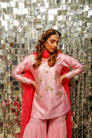 Baby Pink Gota Patti Hand-Embroidered Short Kurta with Sharara Set for Women-0