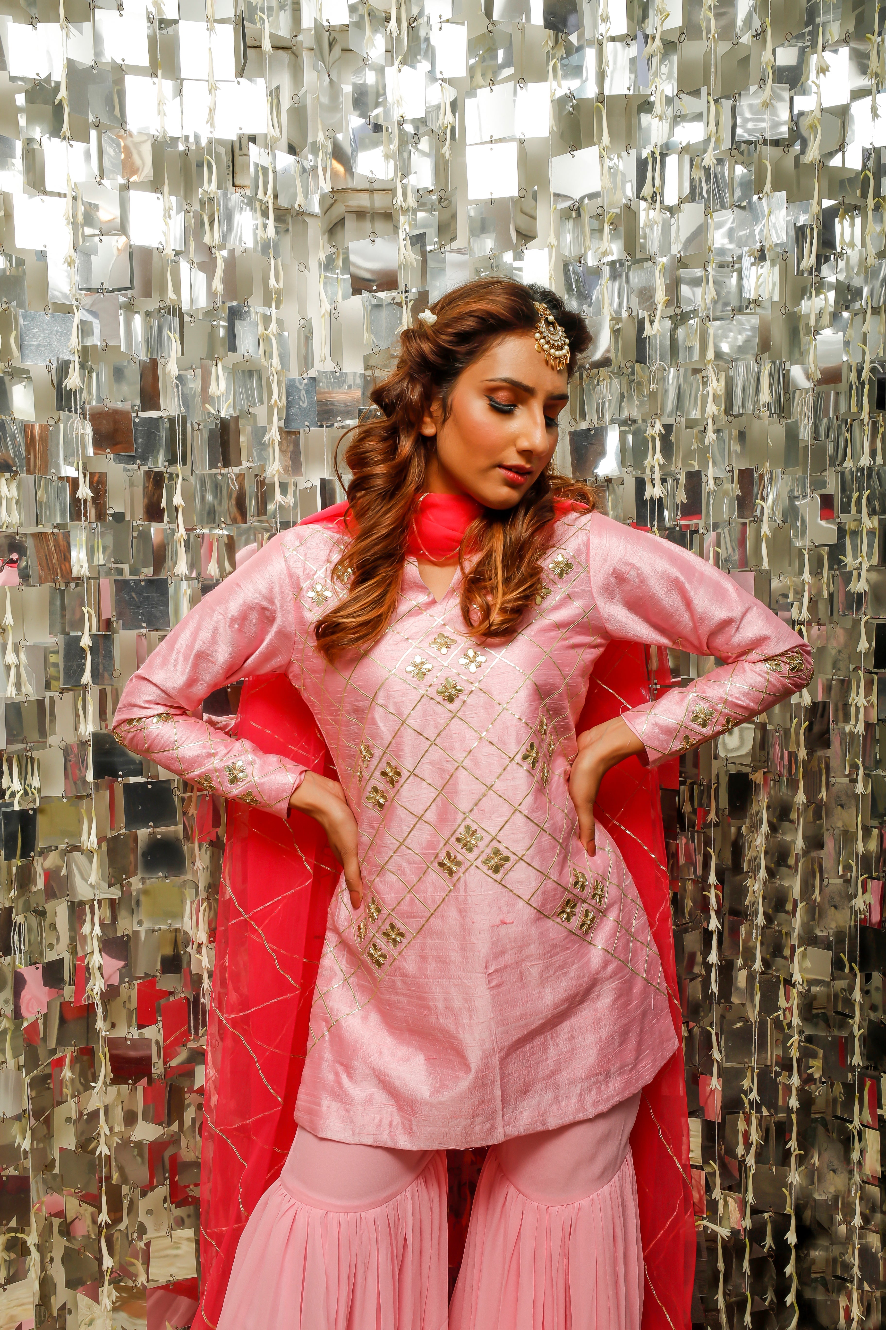 Baby Pink Gota Patti Hand-Embroidered Short Kurta with Sharara Set for Women-0