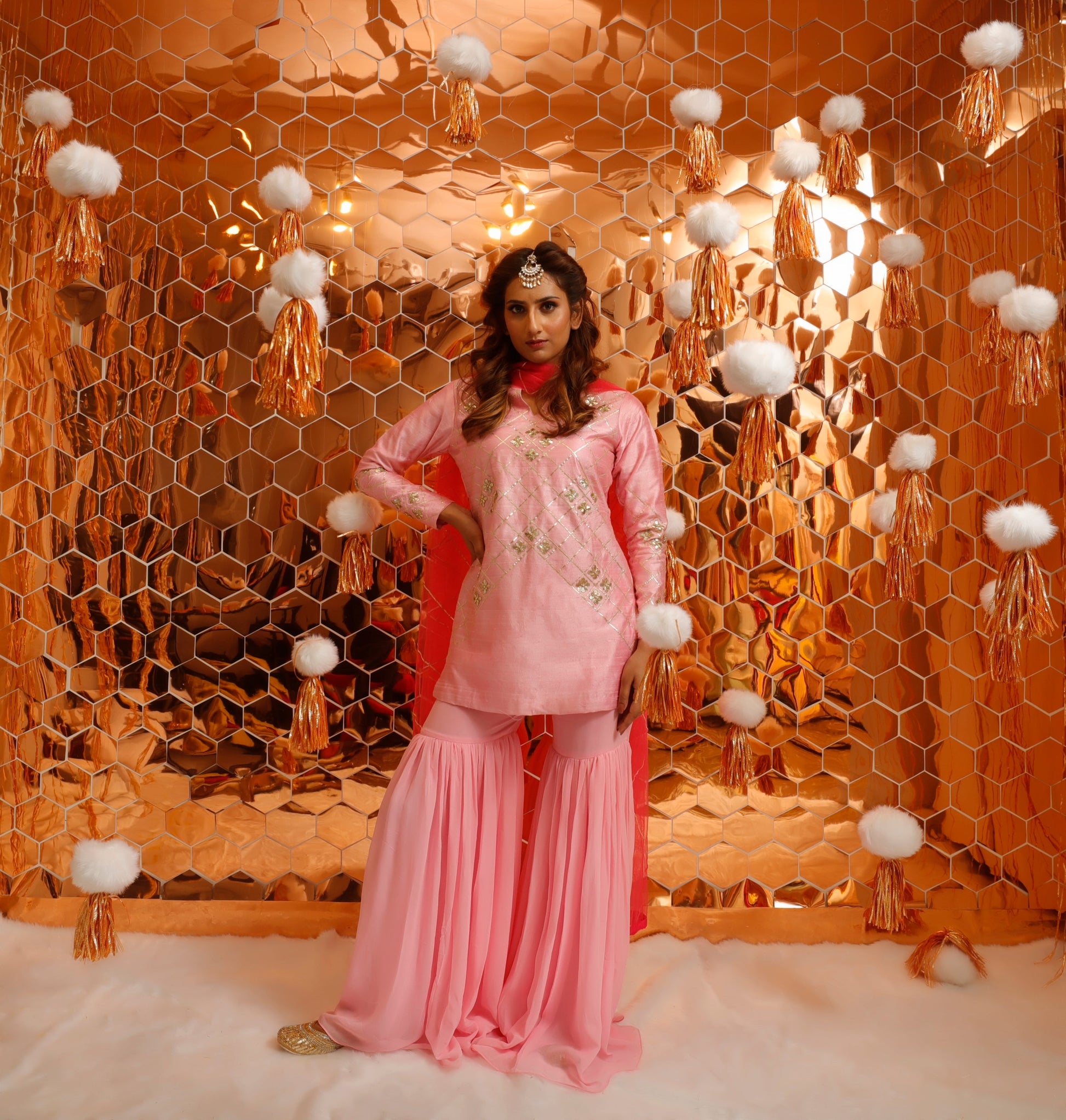 Baby Pink Gota Patti Hand-Embroidered Short Kurta with Sharara Set for Women-1