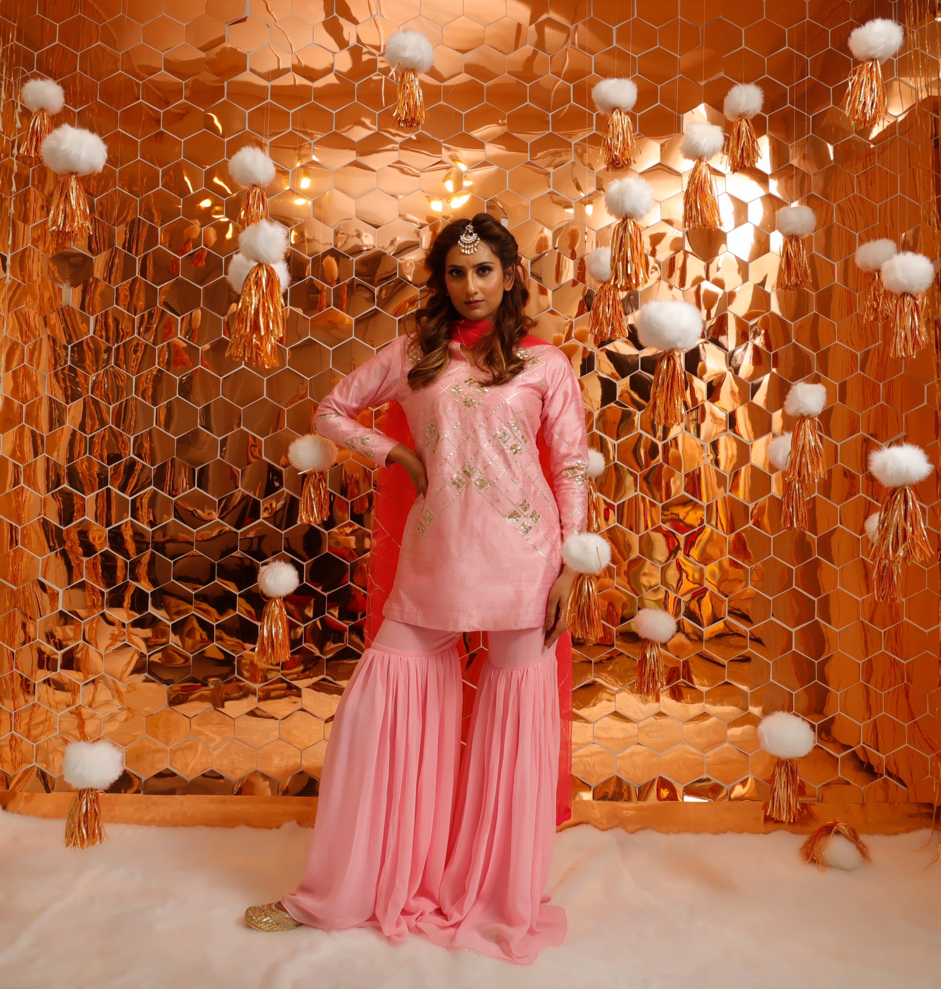 Baby Pink Gota Patti Hand-Embroidered Short Kurta with Sharara Set for Women-1