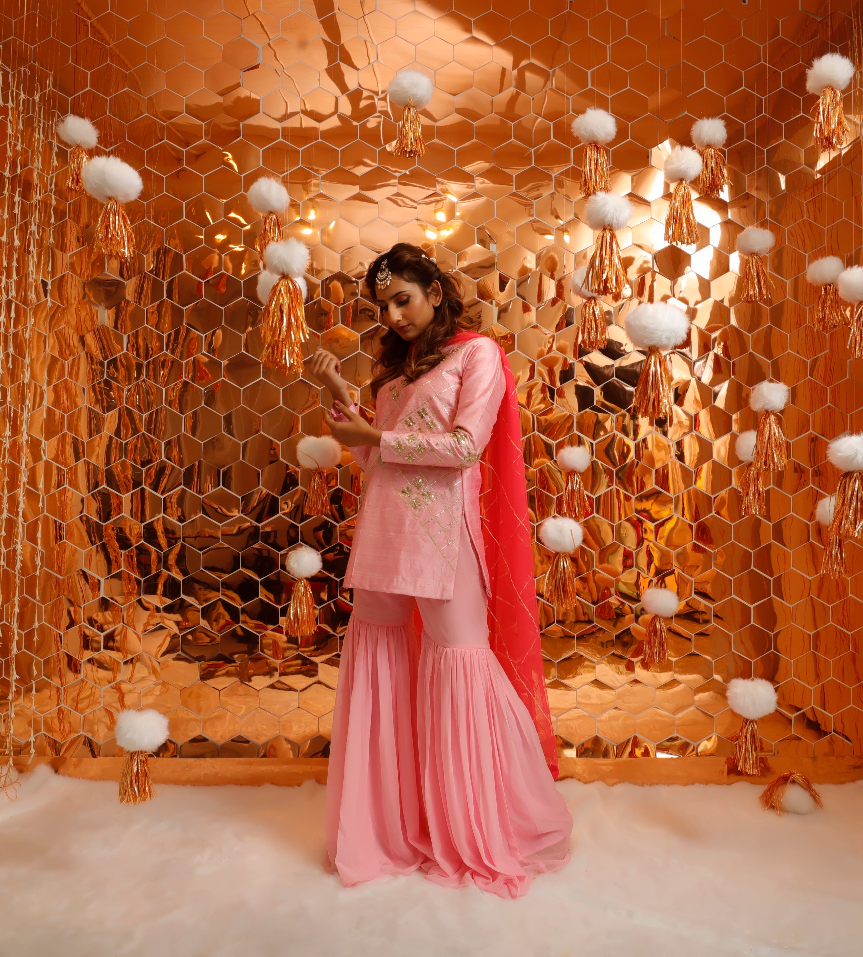 Baby Pink Gota Patti Hand-Embroidered Short Kurta with Sharara Set for Women-3