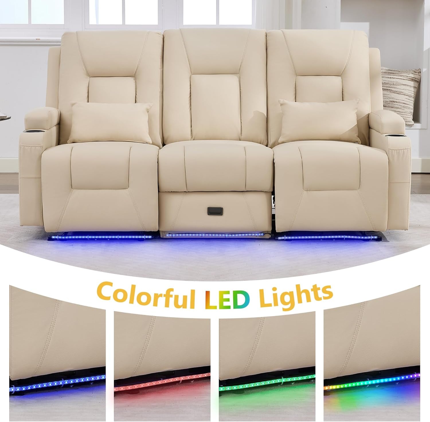 Power Loveseat Recliner Sofa Beige Ambient Lighting-4