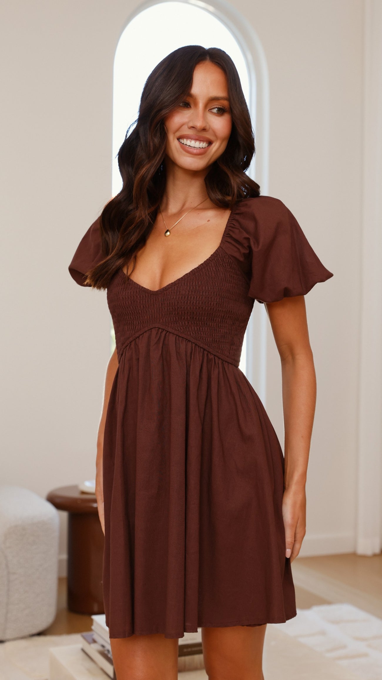 Capri Linen Smocked Puff Sleeve Mini Dress (syncee)-4