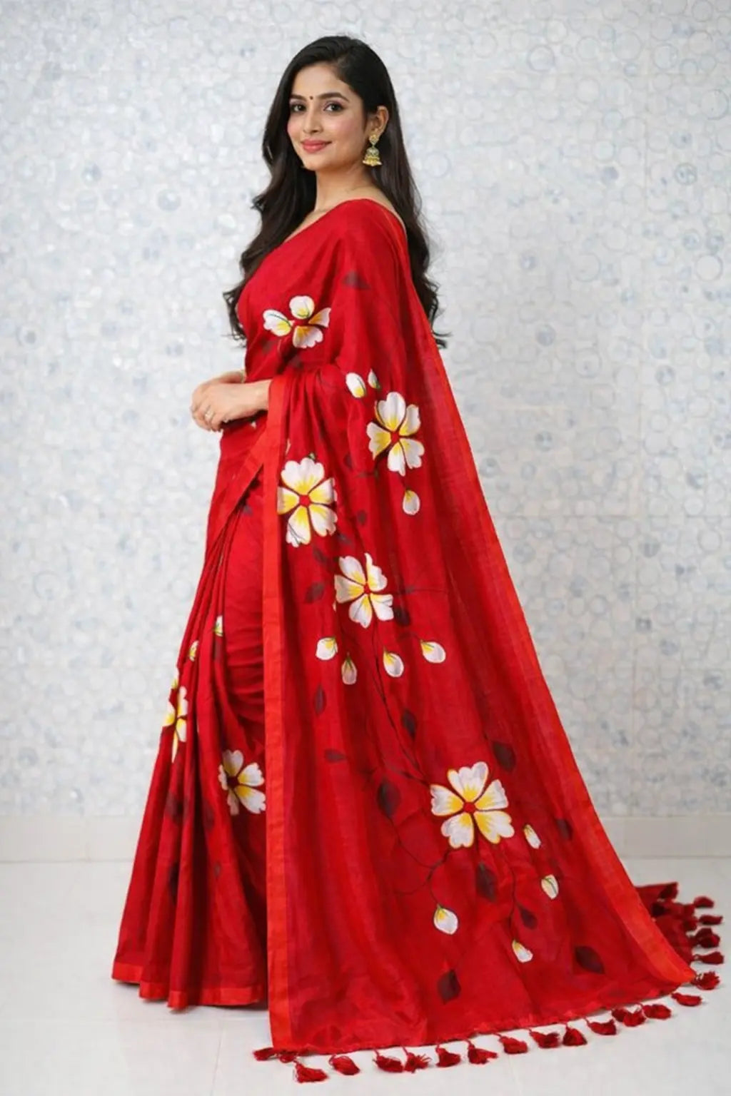 Scarlet Blossom Premium Mull Cotton Handprint Saree Khan