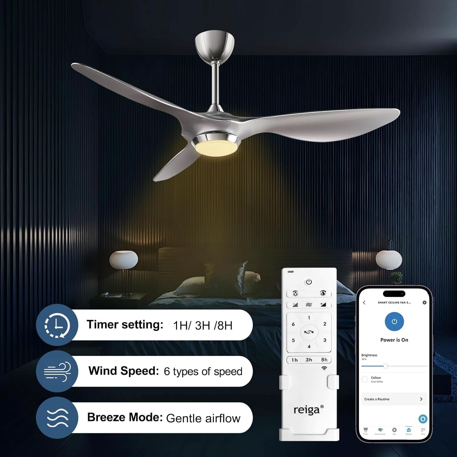 52 Inch Smart WiFi Ceiling Fan With Light And Remote Silver-2