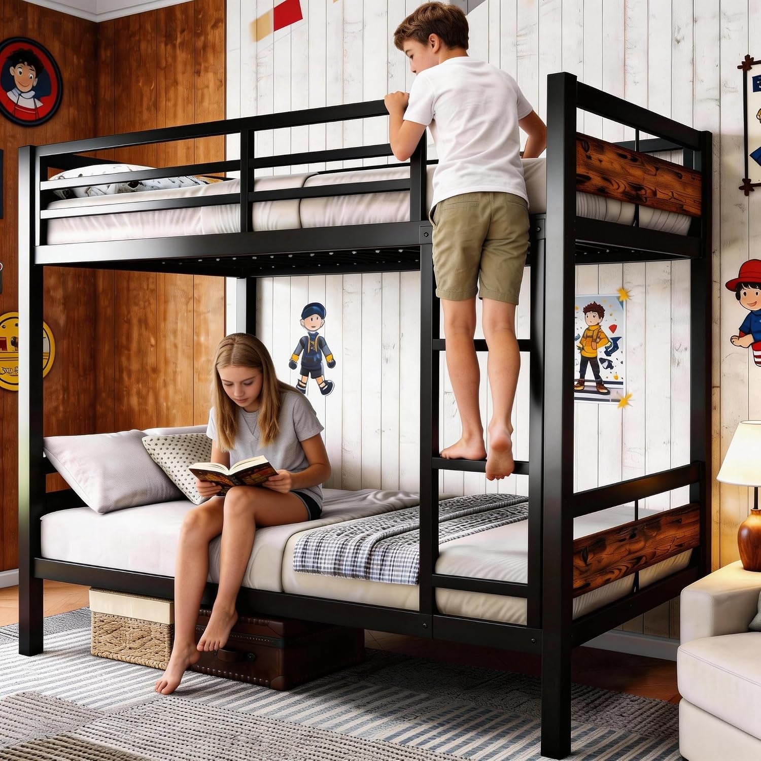 Twin Over Twin Metallic Bunk Bed Vintage Rustic Brown-2