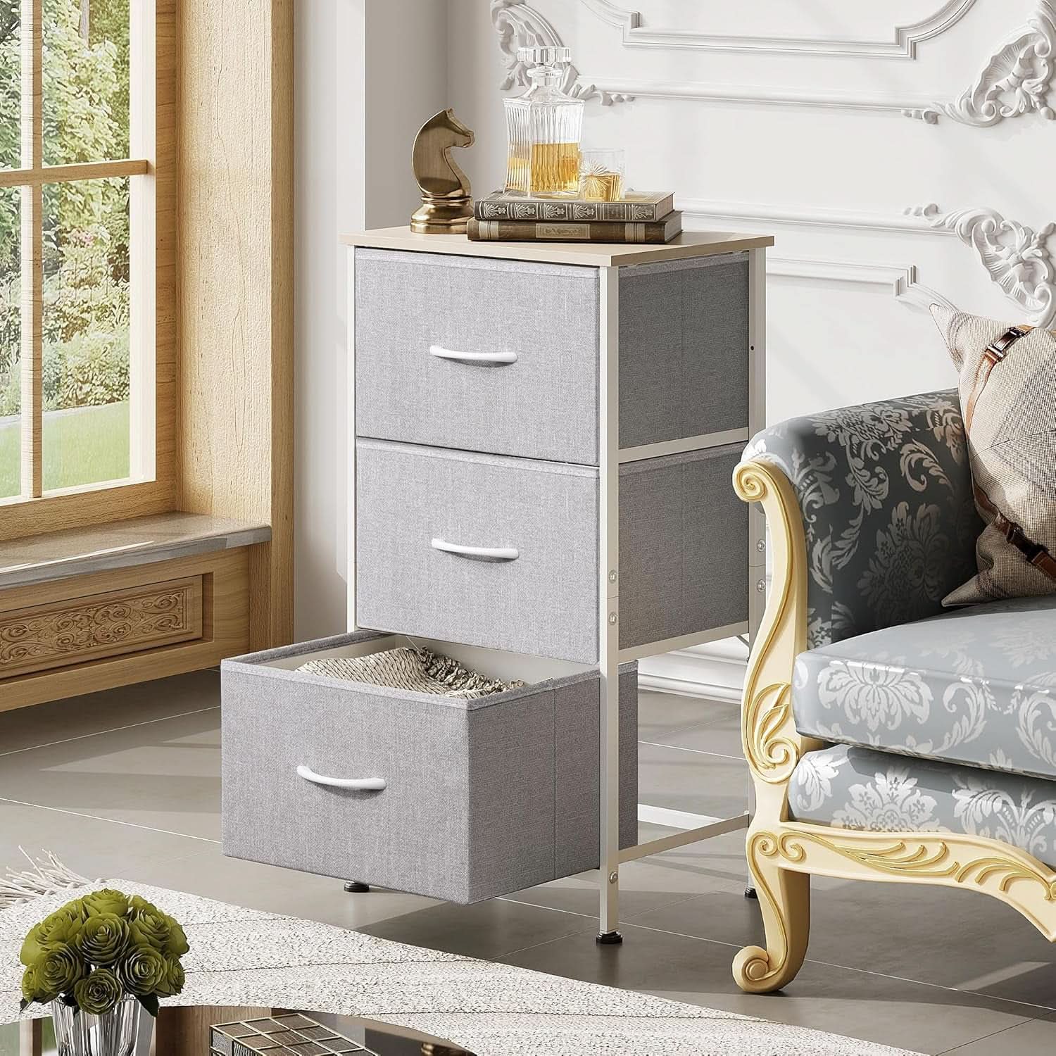 Light Grey Nightstand With 3 Drawers For Bedroom Hallway-3