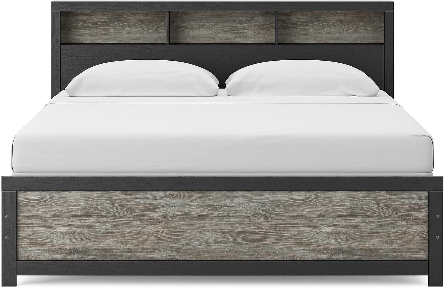 King Bed Frame With Bookcase Headboard Warm Gray Matte Black-2