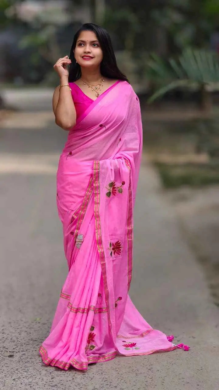 Blush Bloom Mul Cotton Embroidered Saree Khan