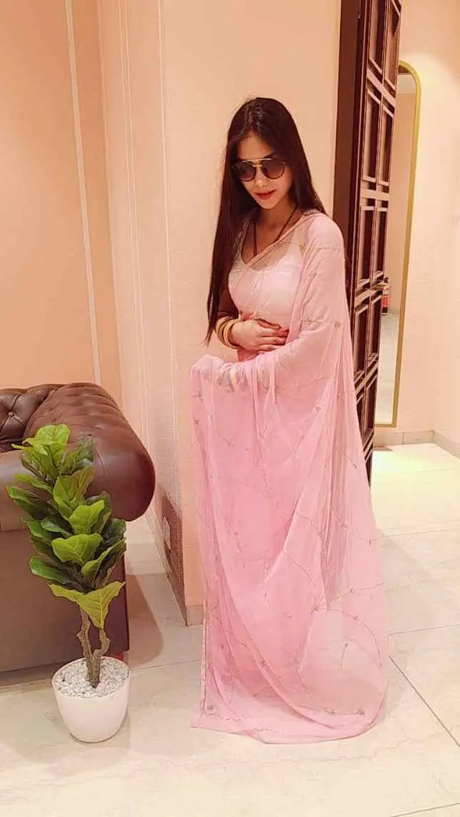 Pink Celestial Intricate Cut-Dana & Nug Work Designer Chiffon Saree Yooneck