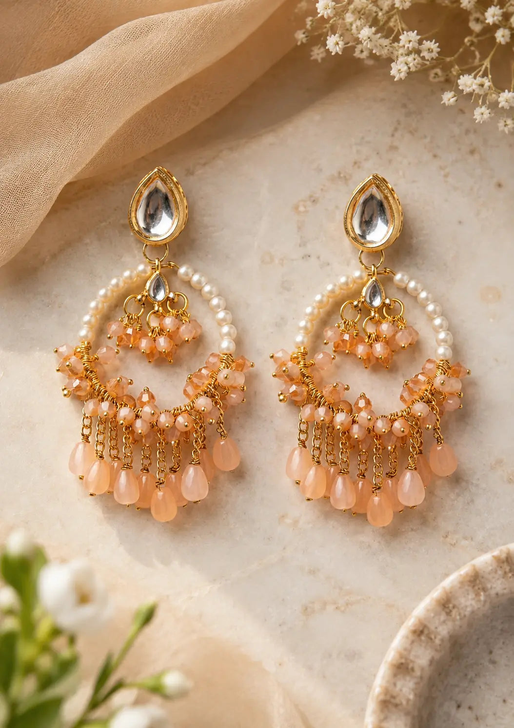 Peach Pearl Kundan Chandbali Earrings Yooneck