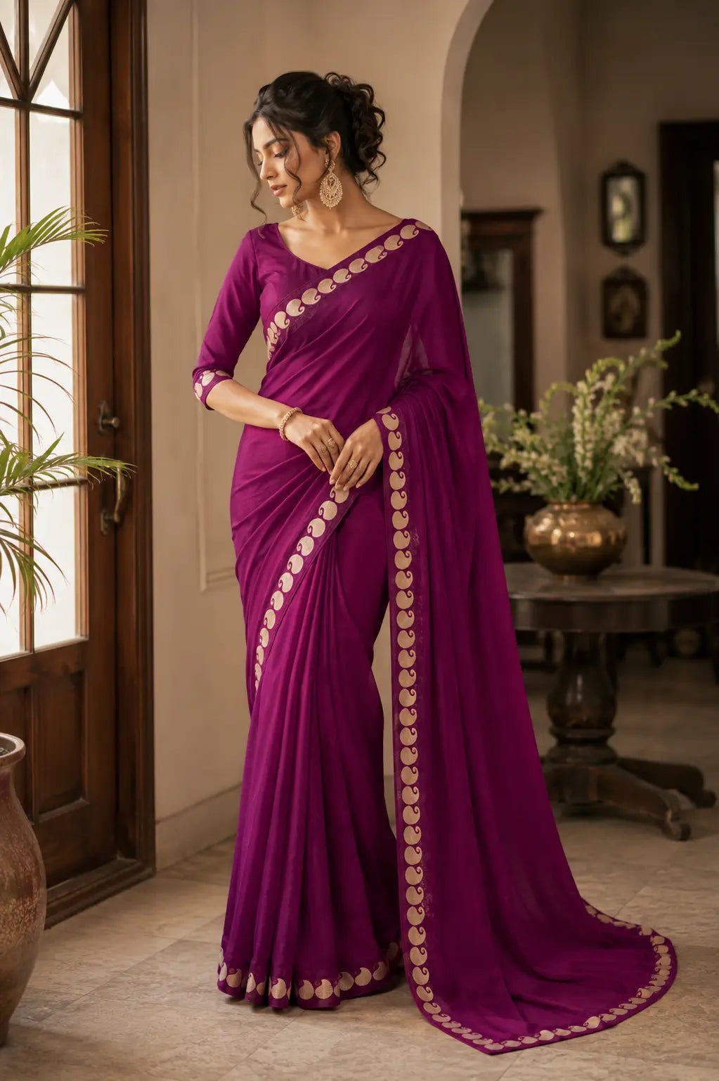 Meherika Magenta Viscose Georgette Saree Ganpati