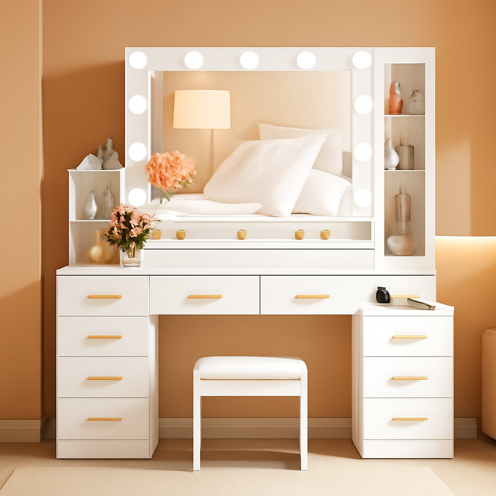 White Makeup Vanity Desk With Mirror Storage Drawers-0
