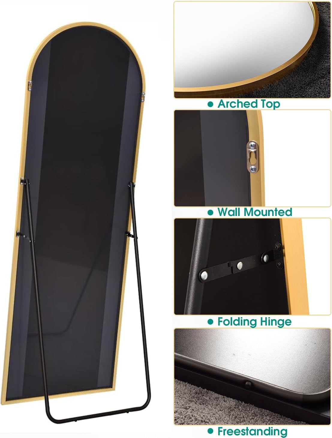 58x18 Inches Arched Full Length Mirror Aluminum Frame Gold-4