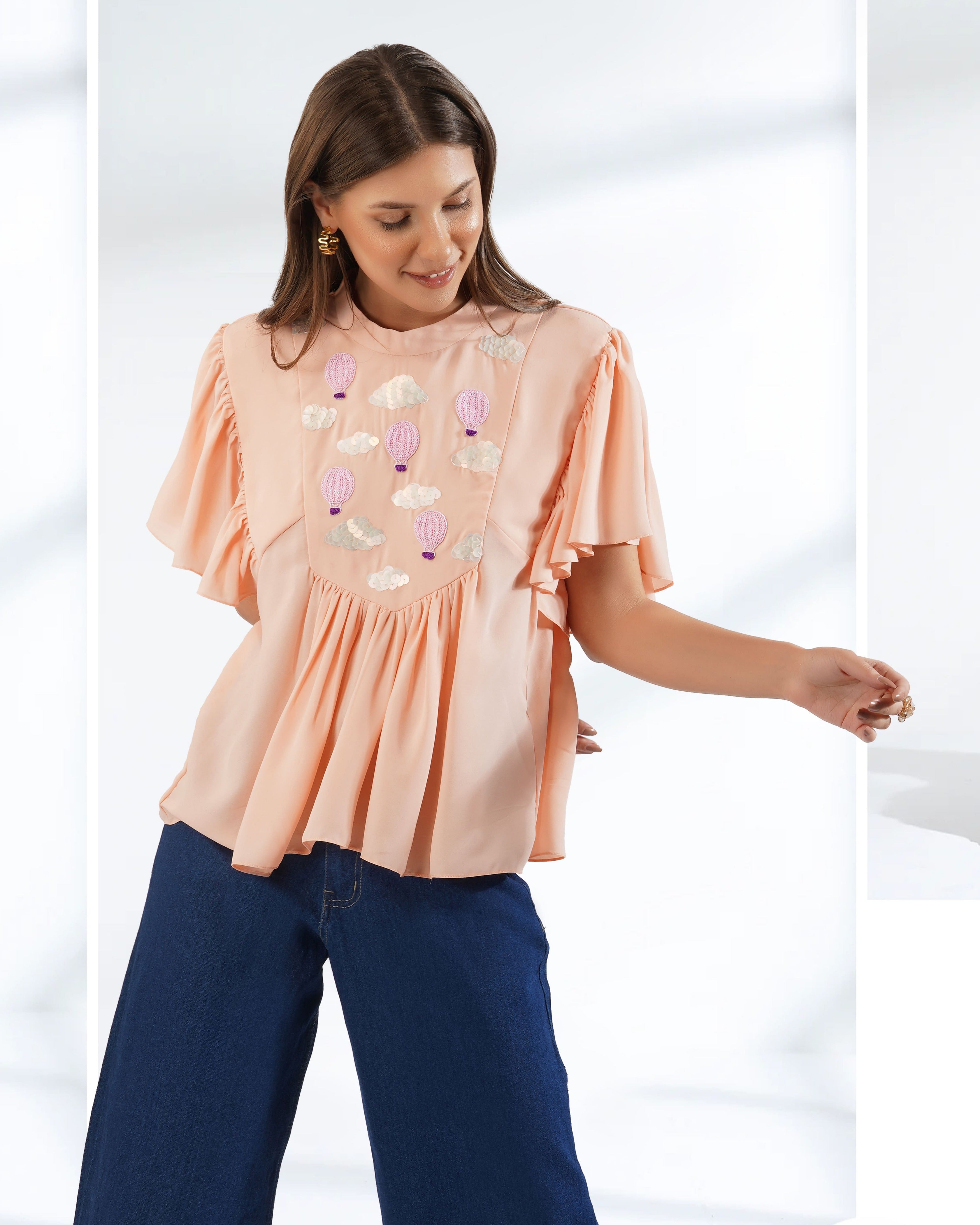 Hot Air Balloon Embroidered Frill Top in Georgette-4